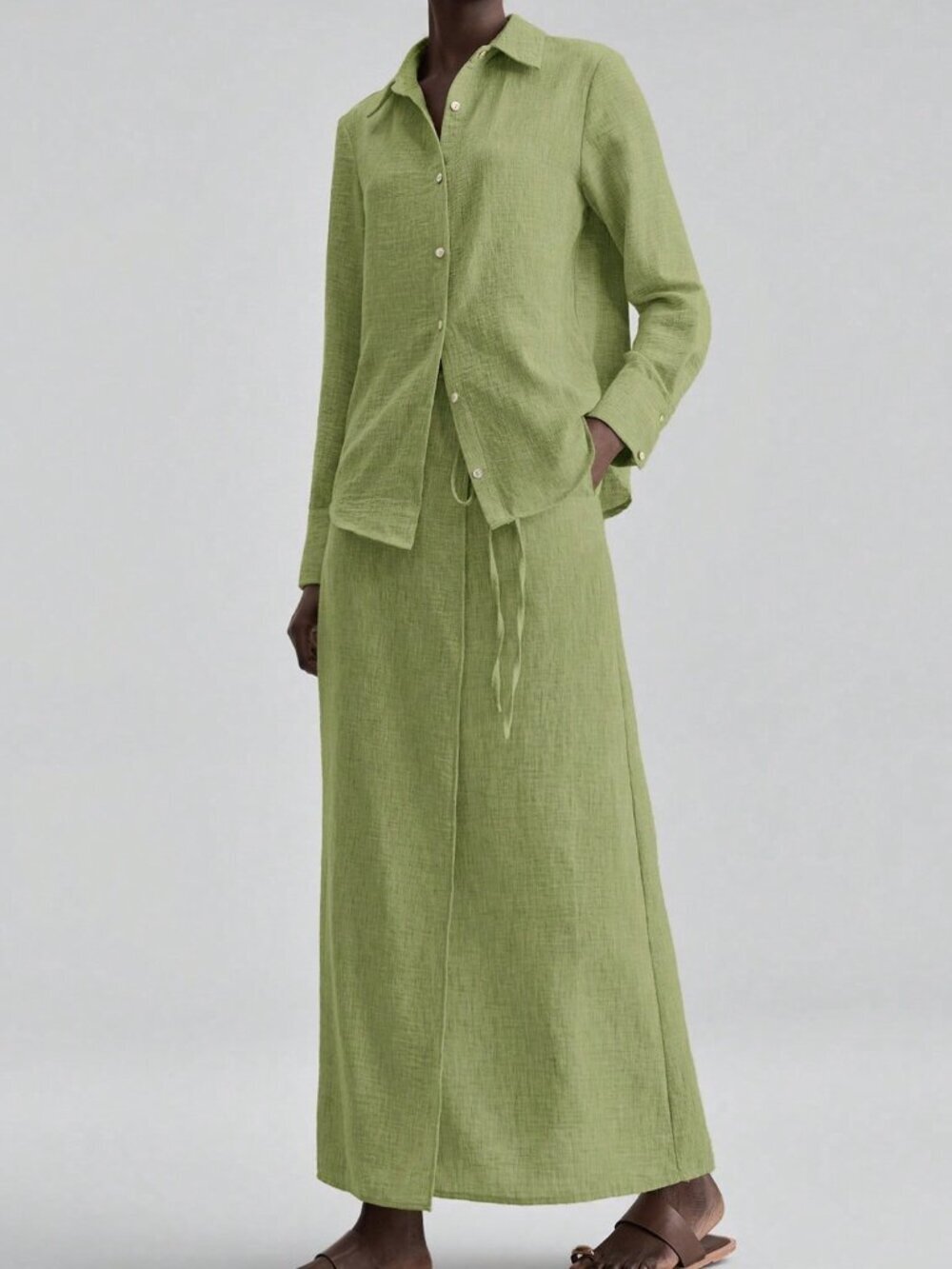 Green Casual Women's Woven Button Shirt & Tie Waist Skirt Set